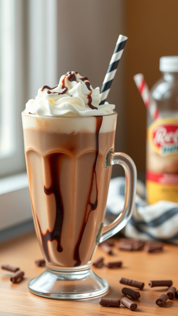 A tall glass of Keto Mocha Frappe topped with whipped cream and chocolate drizzle.