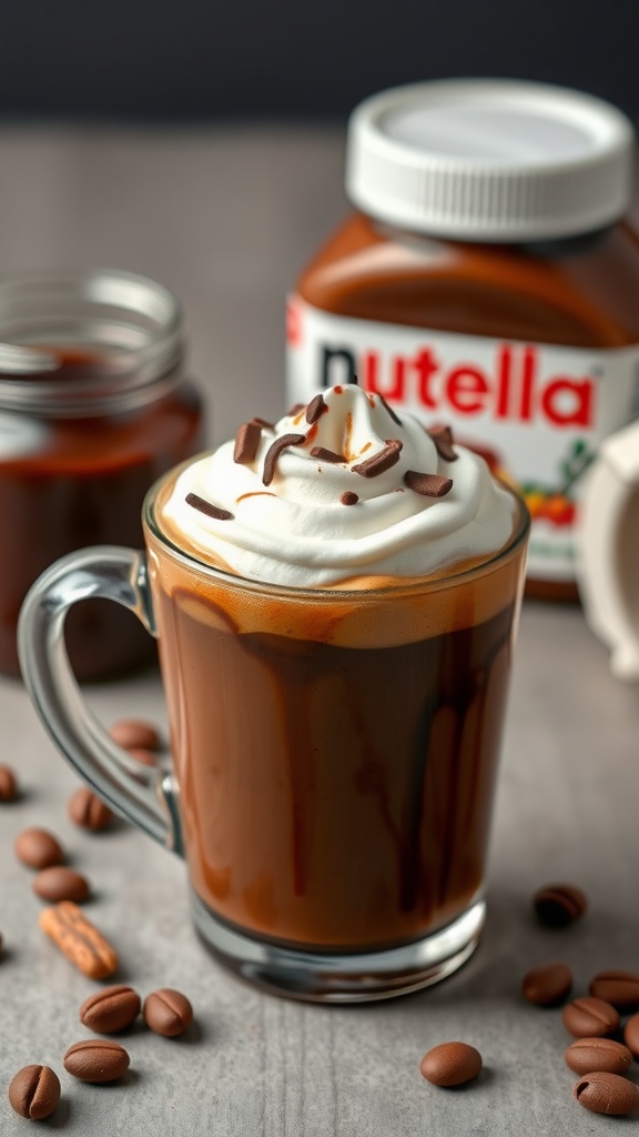 A delicious cup of Keto Nutella Coffee topped with whipped cream and chocolate shavings