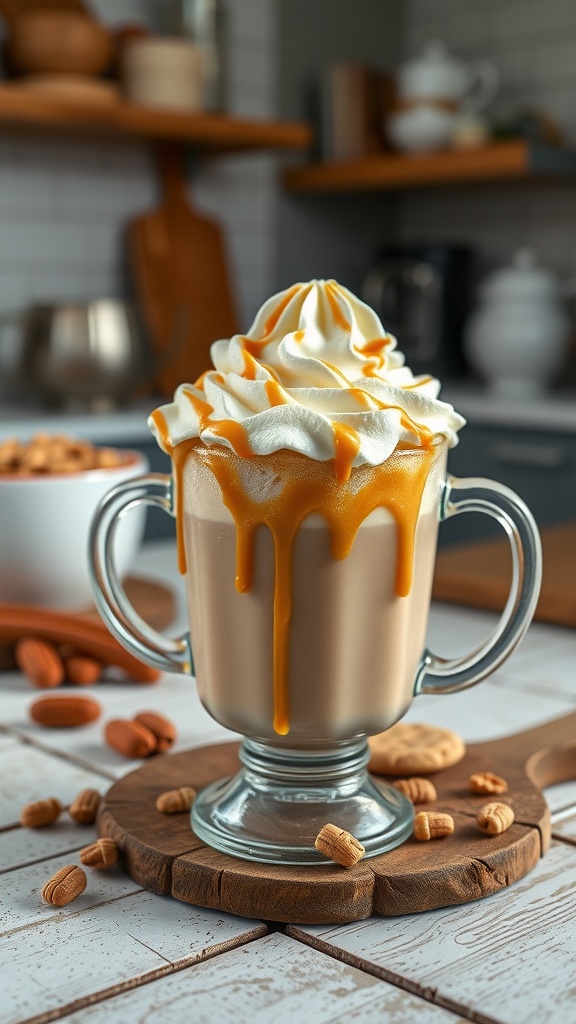 Keto Peanut Butter Coffee in a glass mug with whipped cream and peanut butter drizzle