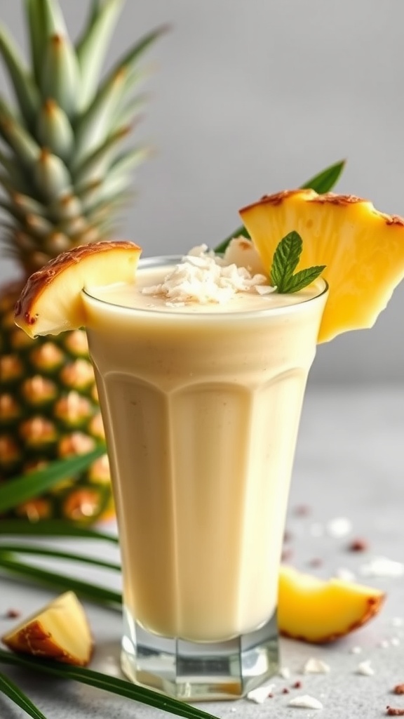 A creamy Keto Pina Colada Smoothie garnished with pineapple slices and coconut flakes.
