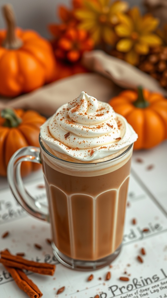 A cup of pumpkin spice latte topped with whipped cream and sprinkled with spices, surrounded by pumpkins.