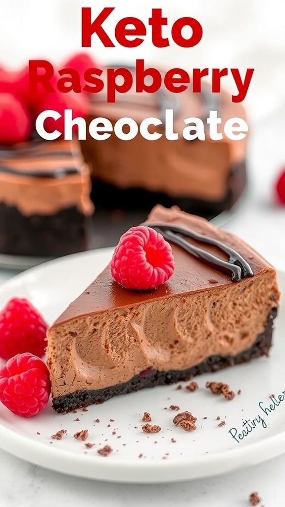A slice of Keto Raspberry Chocolate Cheesecake garnished with fresh raspberries