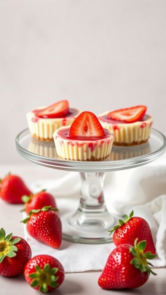 Delicious Keto Strawberry Cheesecake Bites on a glass pedestal, garnished with fresh strawberries.