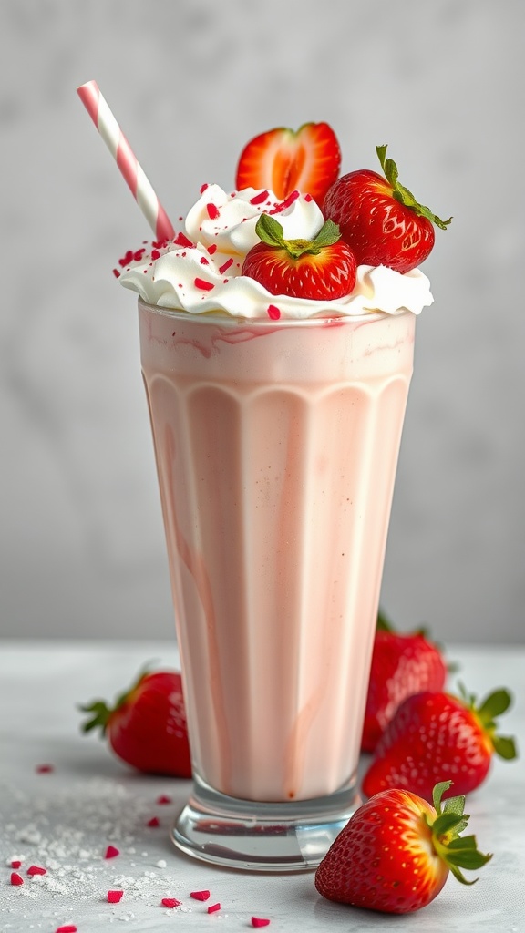 Keto Strawberry Milkshake Coffee in a tall glass topped with whipped cream and fresh strawberries.