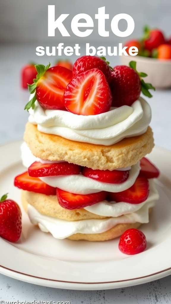 A delicious keto strawberry shortcake with layers of cream and fresh strawberries.