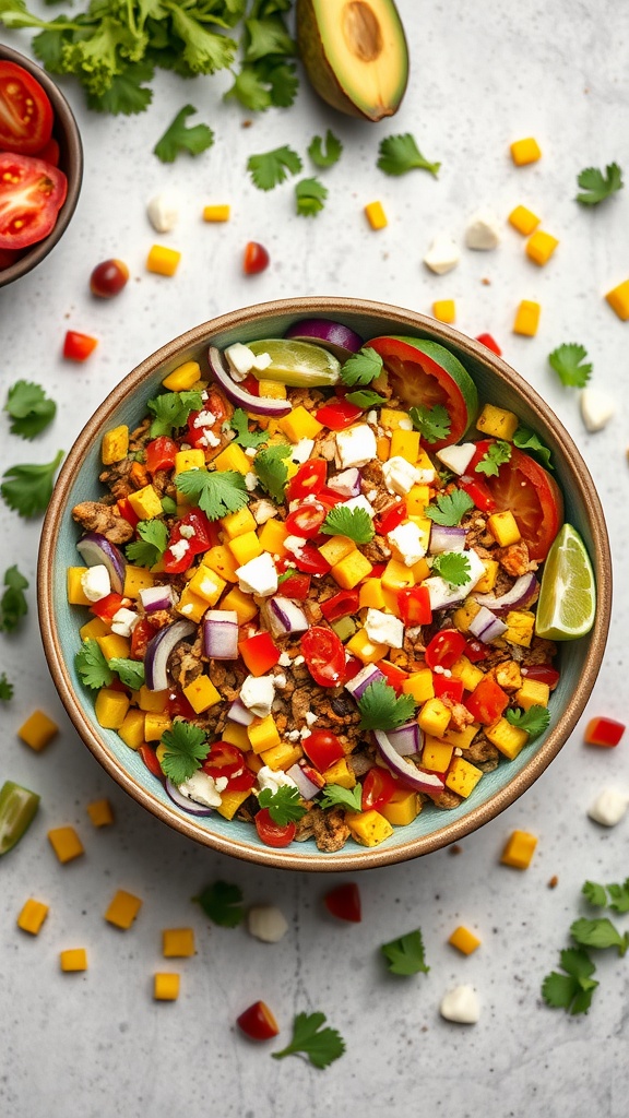 A colorful keto taco salad with ground meat, fresh vegetables, and toppings.