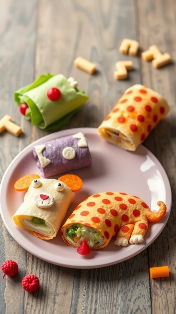 Colorful cheese wraps shaped like animals and filled with vegetables, perfect for kids.