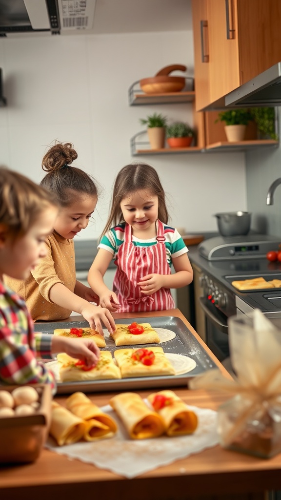 A group of children enjoying cooking chicken taquitos in a cozy kitchen.