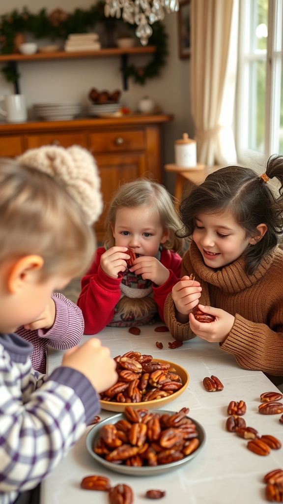 Kids enjoying keto candied pecans at a table.