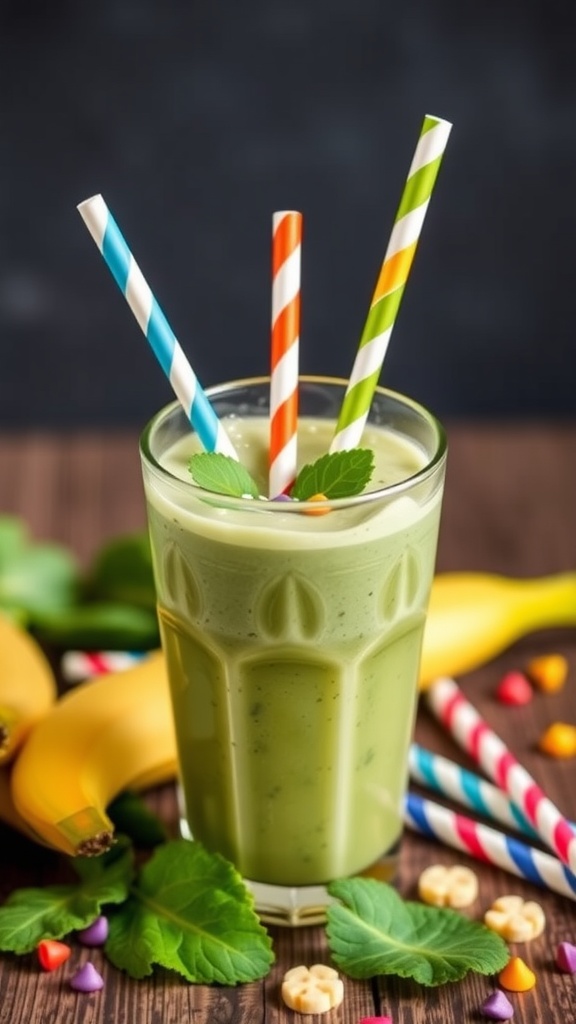 A refreshing spinach banana smoothie served in a glass with colorful straws.