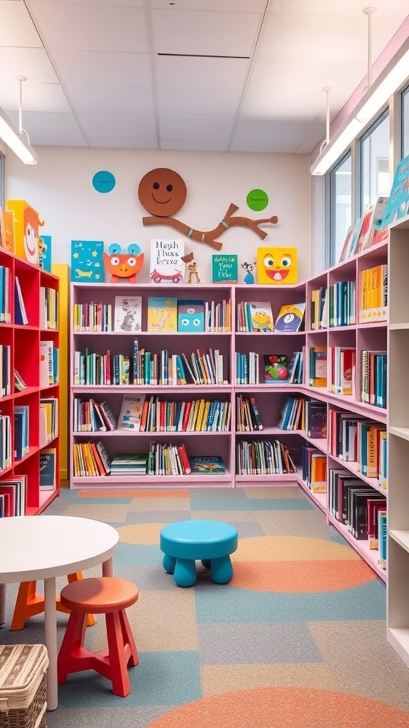 Brightly colored kids' library with cheerful decor and playful furniture.