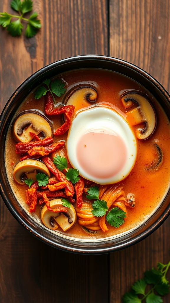 A bowl of kimchi ramen with mushrooms, soft-boiled egg, and garnished with cilantro.