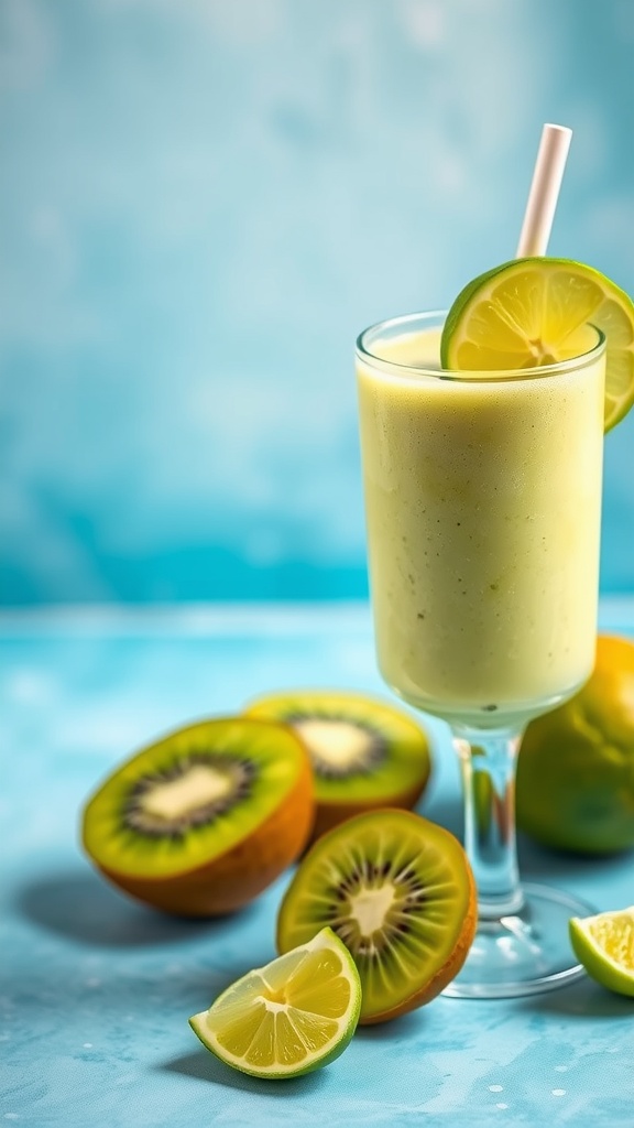 A refreshing kiwi and lime smoothie served in a glass with lime slices and kiwis on the side.