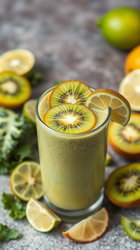 A refreshing kiwi lime kale smoothie in a glass with slices of kiwi and lime on top.