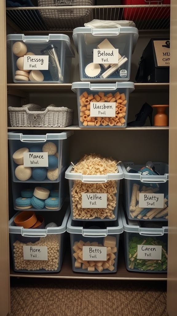 Organized small closet with labeled bins for easy identification