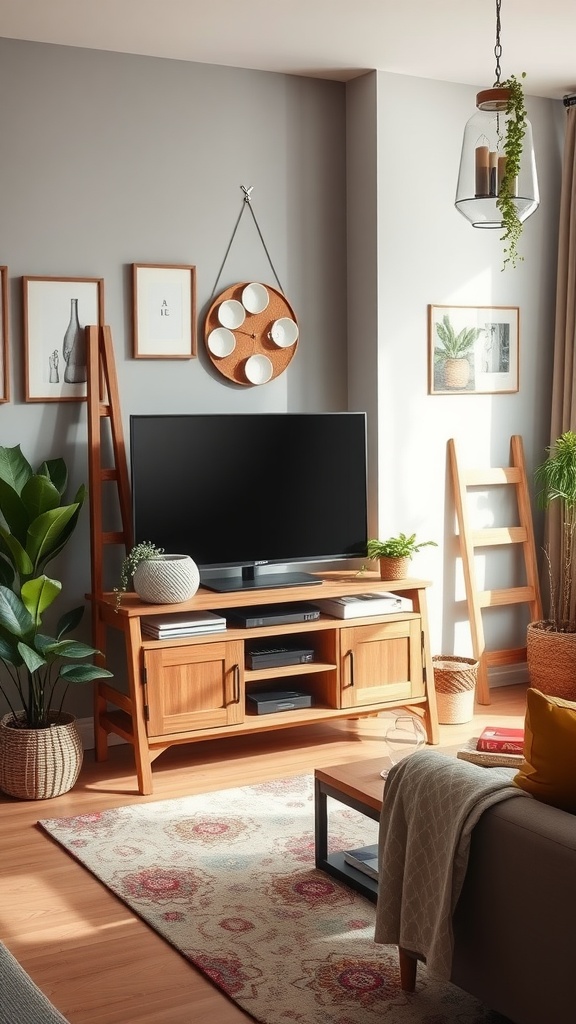 A living room with a ladder-style TV stand, featuring a flat screen TV, decorative plants, and a cozy rug.
