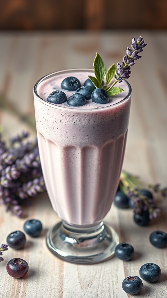A refreshing Lavender Blueberry Shake in a glass, garnished with blueberries and lavender sprigs.