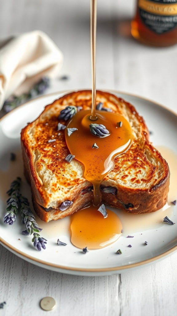 Delicious lavender honey French toast topped with honey and lavender flowers.