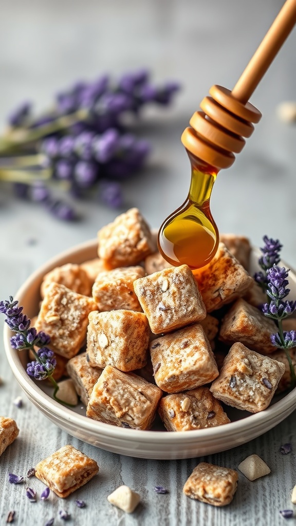 A bowl of Lavender Honey Muddy Buddies with a drizzle of honey and lavender sprigs.
