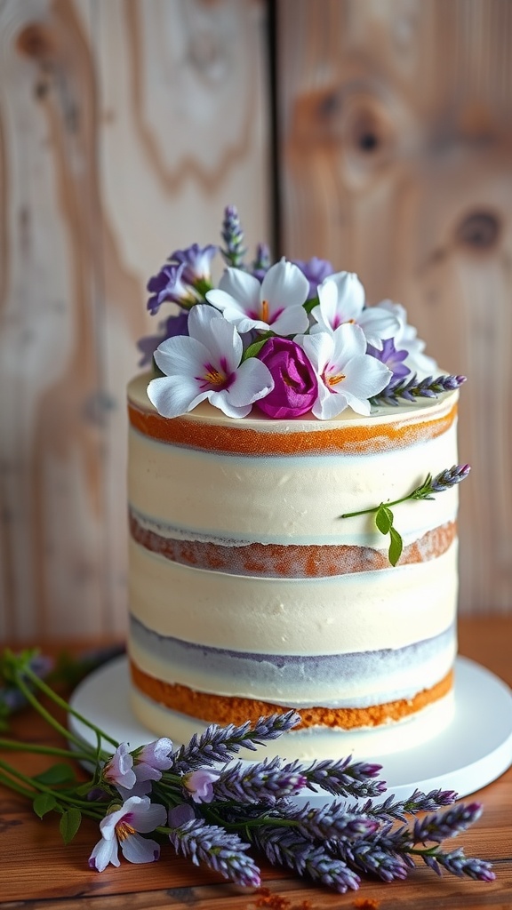A lavender vanilla layer cake decorated with flowers and lavender sprigs.