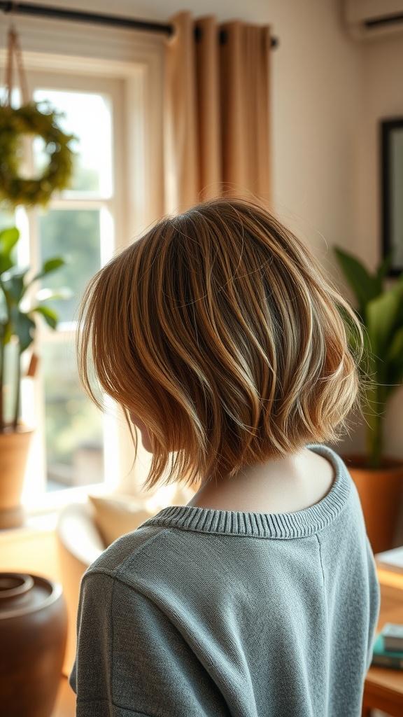 A person with a layered bob haircut, featuring subtle highlights, seen from the back.