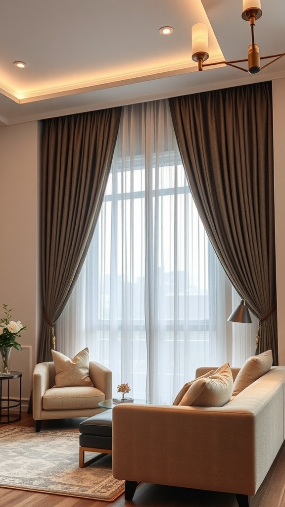 A stylish living room featuring layered curtains with sheer and heavy fabric, complementing a cozy seating arrangement.