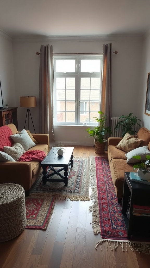 A cozy living room featuring layered rugs, a brown couch, and plants.