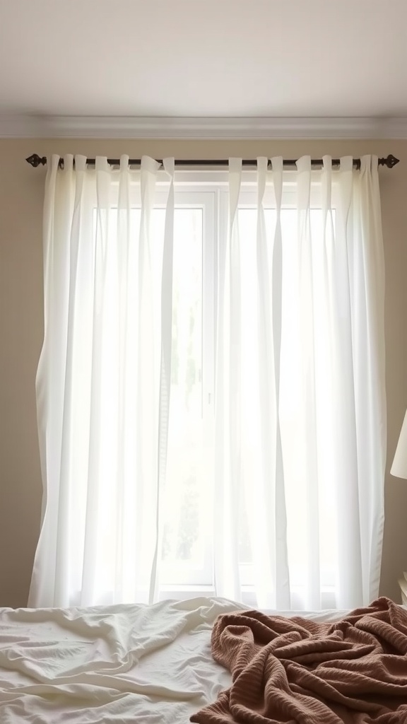 A cozy bedroom with sheer and blackout curtains layered at the window