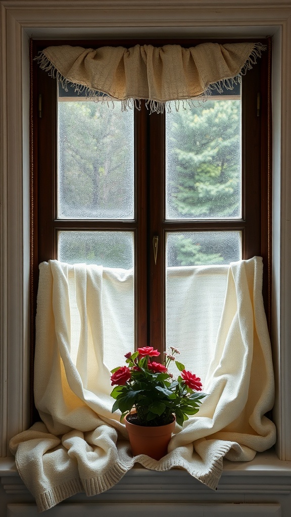 A cozy kitchen window with layered white textiles and a potted plant.