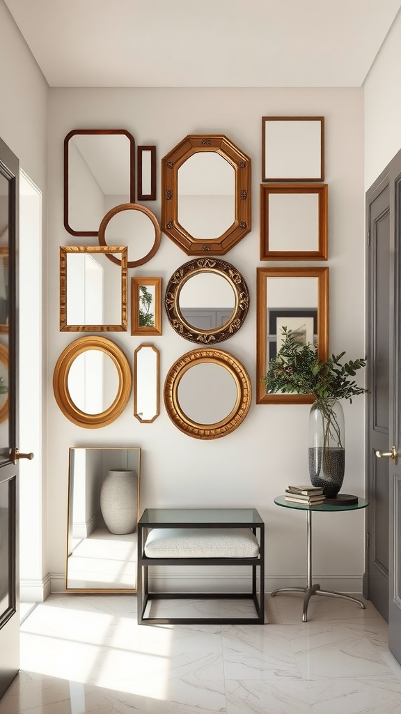 A collection of various mirrors in different frames arranged on a wall, showcasing a stylish entryway.
