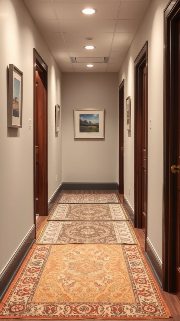 A small hallway with layered rugs in various colors and designs.
