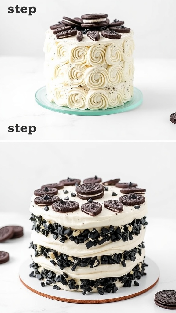 Layered Oreo cake with creamy frosting and decorative Oreos on top