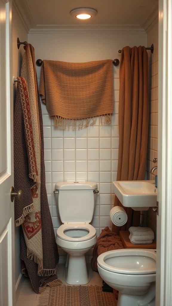 A small bathroom featuring layered textiles including towels and throws for added warmth and texture.