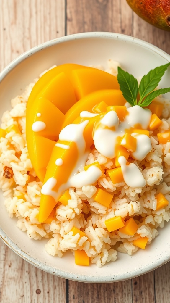A delicious serving of mango sticky rice topped with fresh mango slices and coconut cream