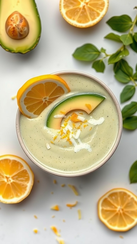 A delicious lemon and avocado smoothie, garnished with lemon slices and avocado.