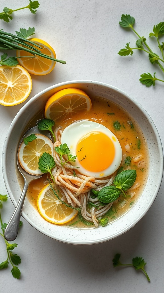 A bowl of lemon and herb ramen with soft-boiled egg and fresh herbs.