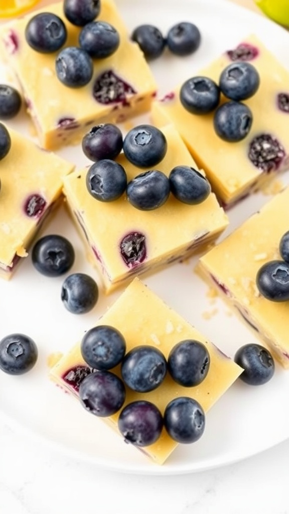 Delicious lemon blueberry keto bars topped with fresh blueberries.
