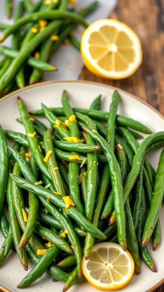 Lemon Butter Green Beans dish with fresh green beans and lemon slices