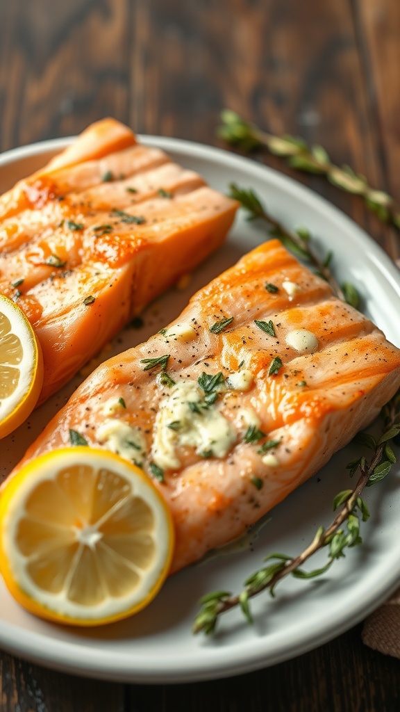 Lemon butter salmon fillets garnished with herbs