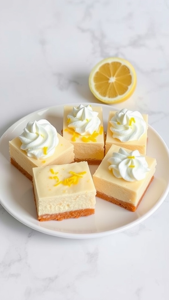 A plate of lemon cheesecake bars topped with whipped cream and lemon zest.