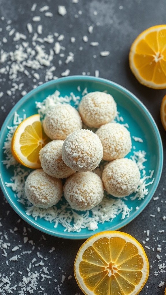 Lemon Coconut Energy Balls on a turquoise plate with lemon slices