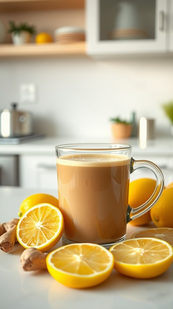 A cup of lemon ginger keto coffee surrounded by fresh lemons and ginger.