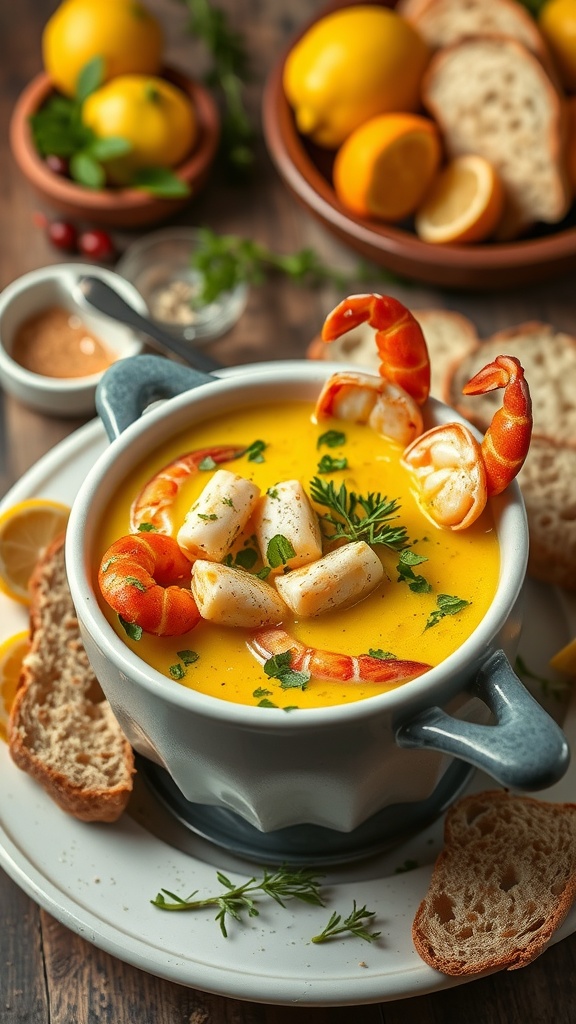 A bowl of lemon herb fondue with shrimp and crab, surrounded by slices of bread and fresh lemons.