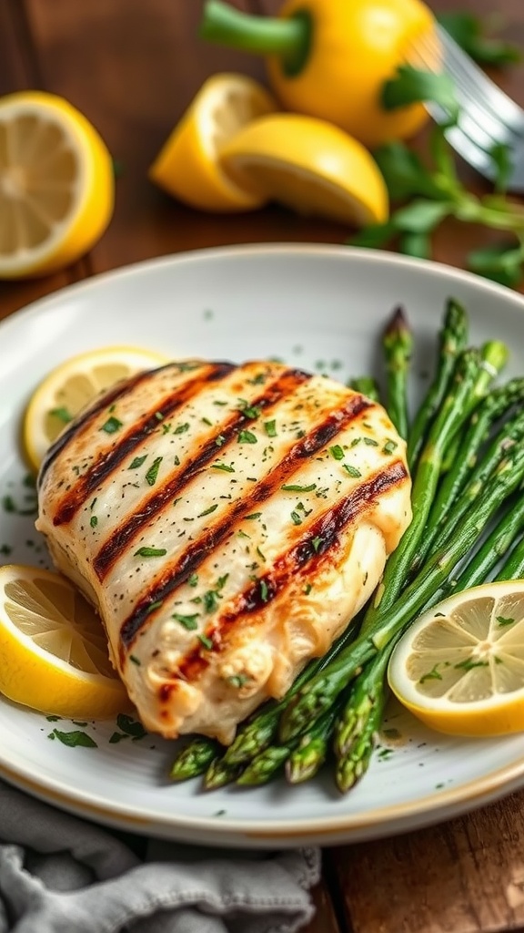 Grilled chicken breast with lemon and herbs, served with asparagus