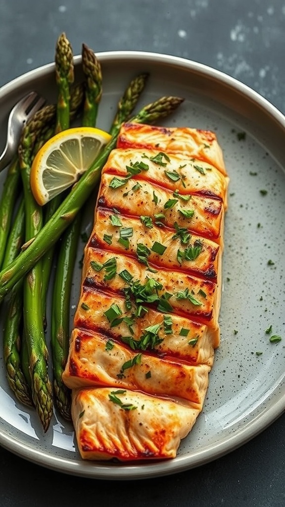 Grilled salmon with herbs and lemon served with asparagus