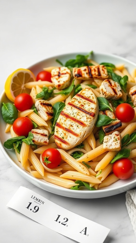 A bowl of Lemon Herb Penne with Grilled Chicken, featuring pasta, grilled chicken, cherry tomatoes, and fresh greens.