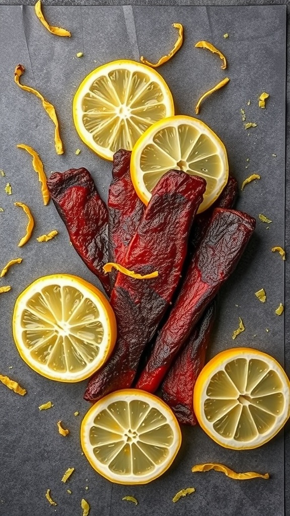 Lemon Zest Beef Jerky with lemon slices