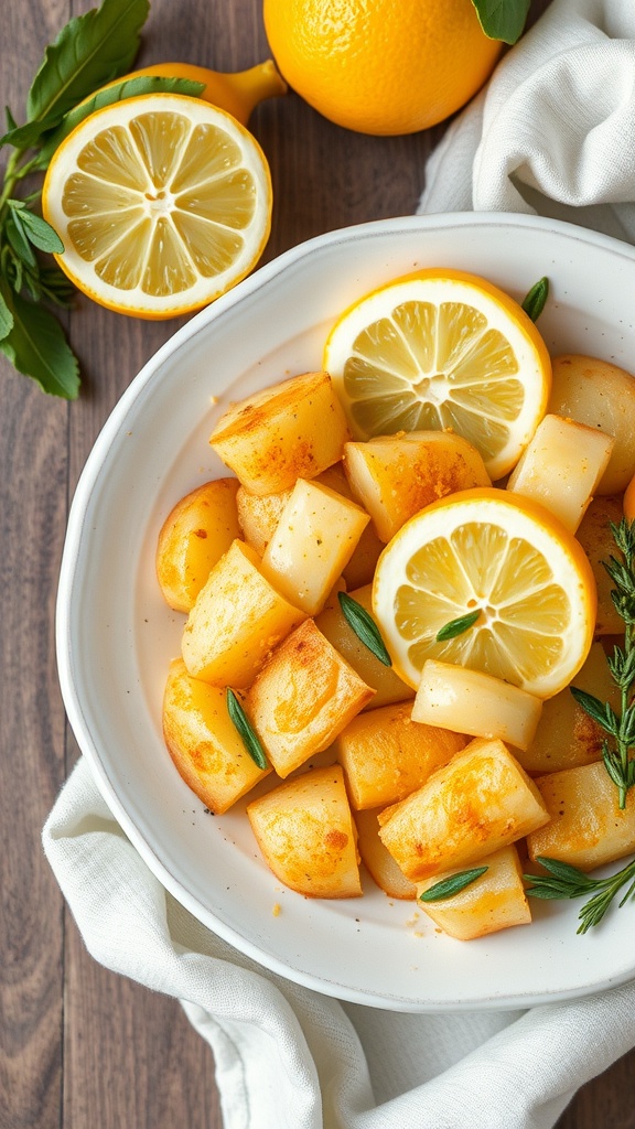A serving of lemon zest scalloped potatoes garnished with fresh herbs and lemon slices.