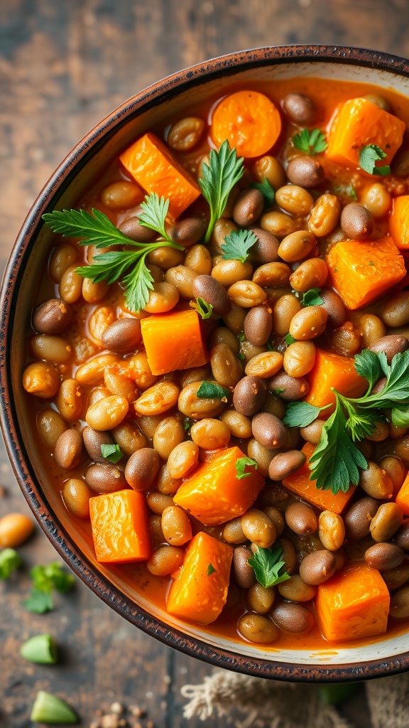 A colorful bowl filled with lentils, sweet potatoes, and garnished with fresh herbs.
