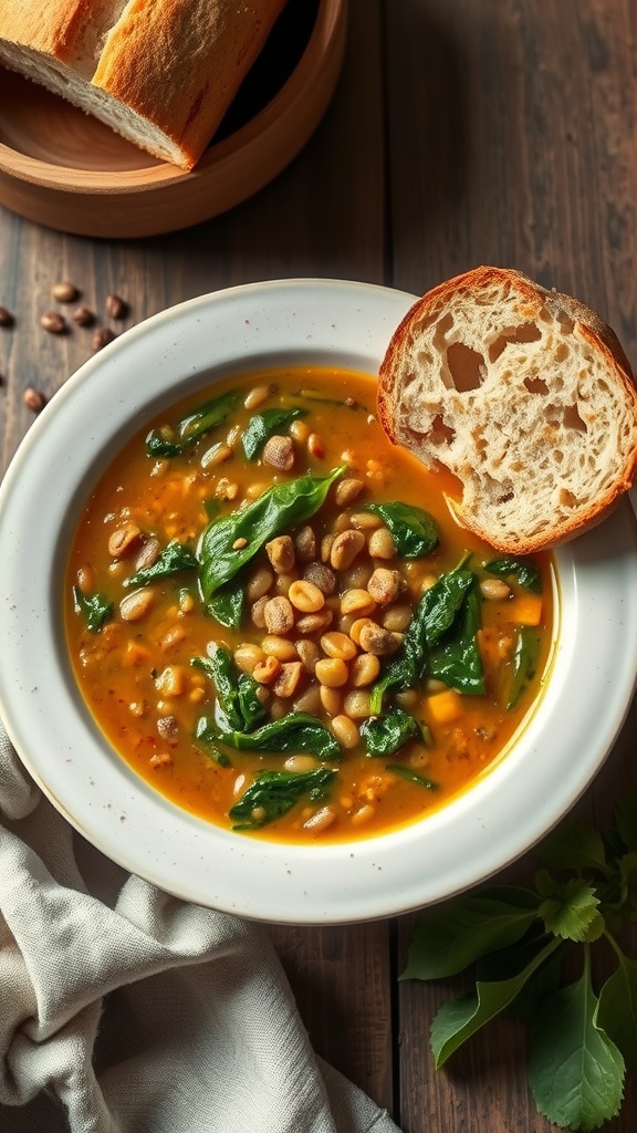 A bowl of lentil soup with spinach, served with bread on the side.